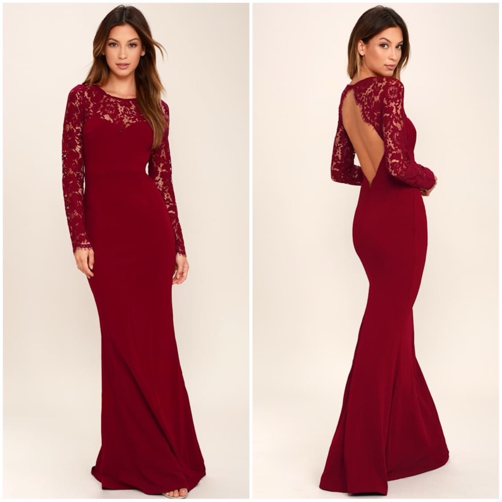 Lulus The Whenever You Call Wine Red Lace Backless Maxi Formal Dress Size XS